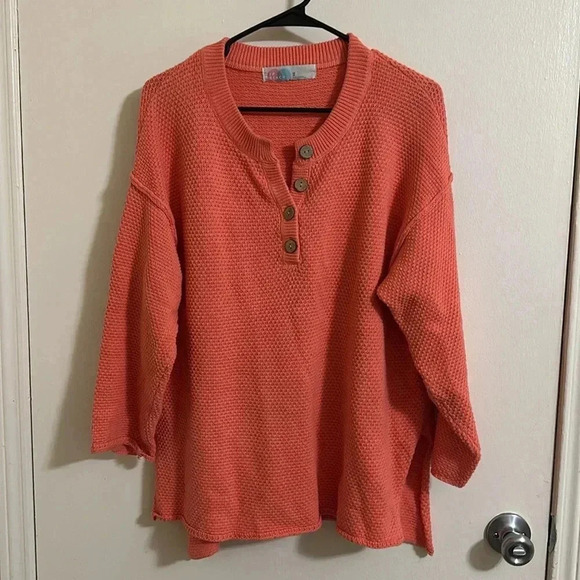EUC Free People Beach Hailee Sweater women's orange cotton button drop shoulder - Picture 2 of 5